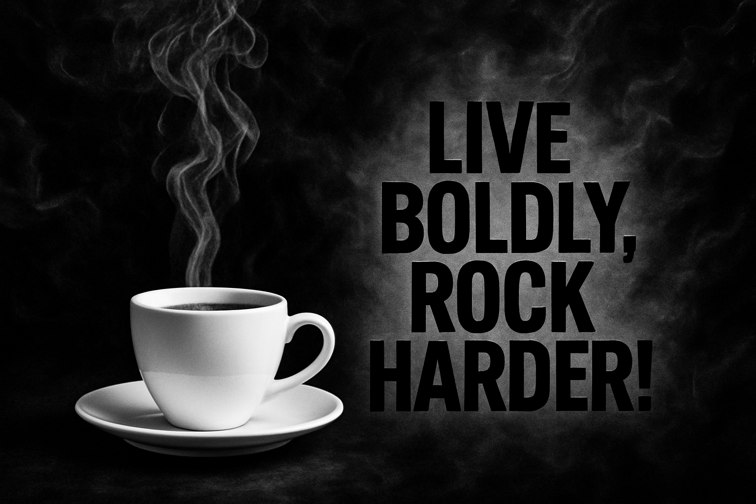 a black smokey background with a white coffee cup on the left side with the words in black saying Live Boldly, Rock Harder! with coffee steam rising from the cup