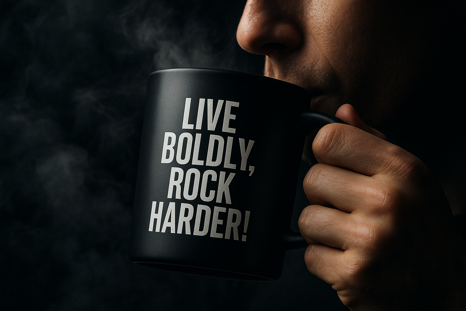 Black coffee cup against a dark smokey background being sipped on with the words Live Boldly, Rock Harder! on the cup in Bebas Neue font