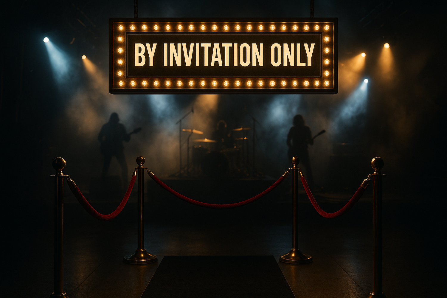 exclusive vip entrance to the inner circle with a marquee saying By Invitation Only in the Bebas Neue font with smokey Rock and Roll Concert in the back