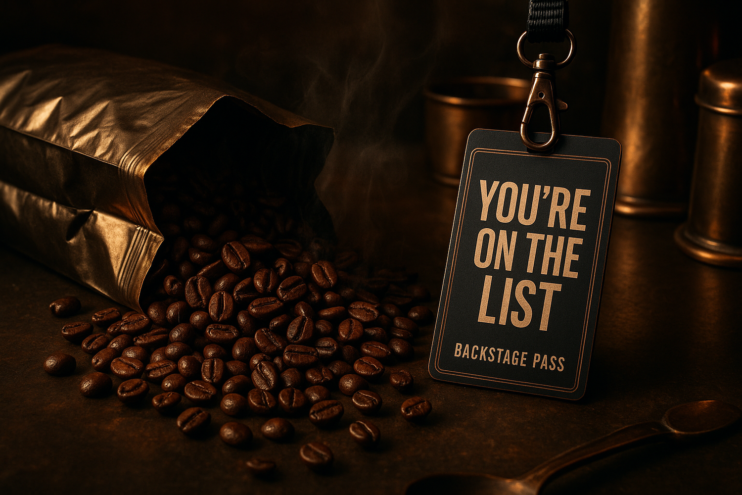 Large, moody coffee + metallic accents (dark roast beans from bag with a Backstage Pass attached to a lanyard and the pass says You're on the list in Bebas Neue font etc.)