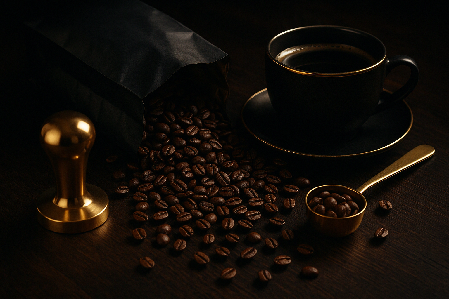moody coffee + metallic accents (dark roast beans FROM A BAG + gold tamper, etc.