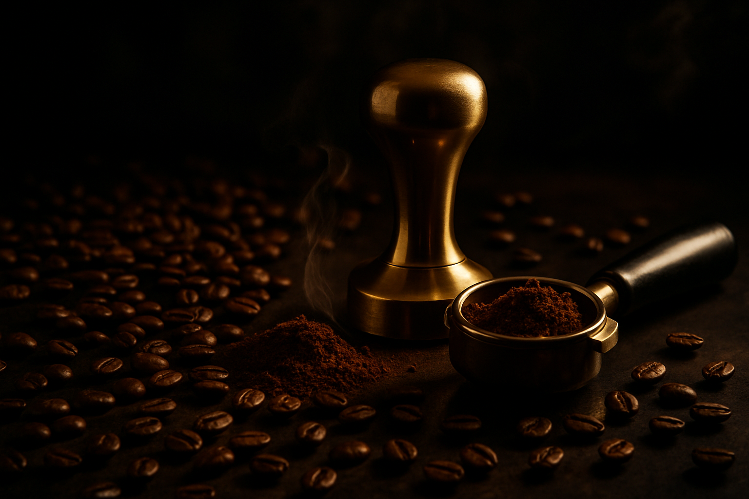 create Large, moody coffee + metallic accents (dark roast beans + gold tamper 